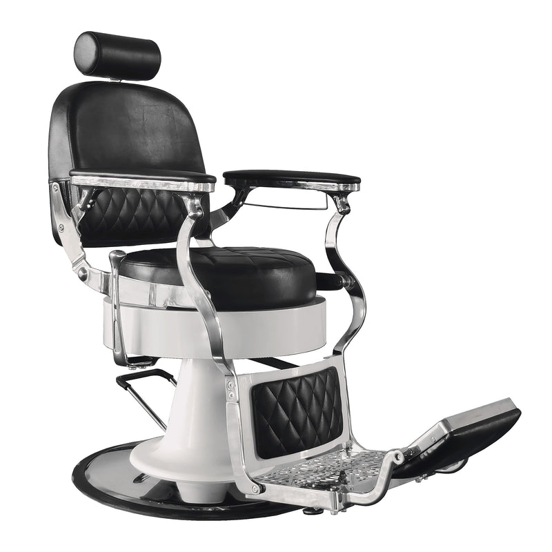 Ikonna H-31937BKR Barber Chair| Modern Rounded Design, Adjustable Positions, in Black with Silver Finishes