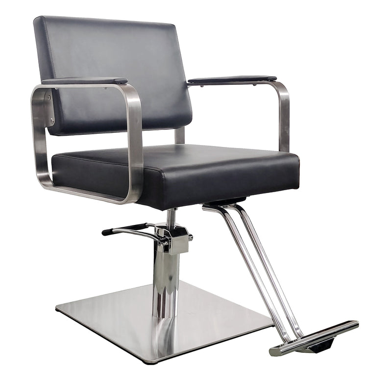 Ikonna Professional Hair Styling Chair | Sleek Black with Silver Armrests and a Strong Square Base