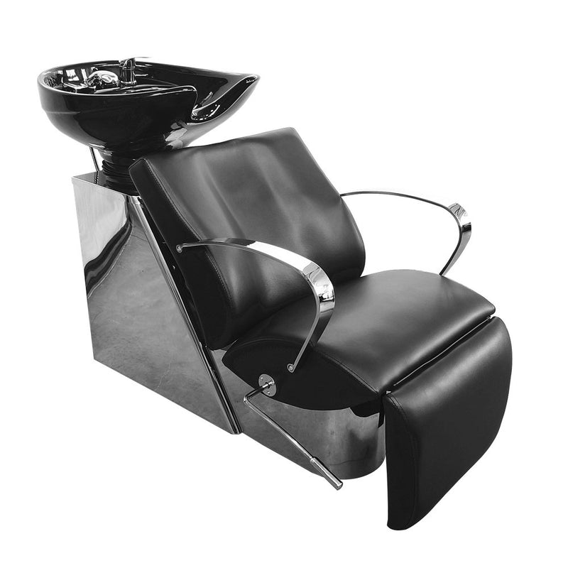Ikonna All-In-One Shampoo Chair Unit H-5501BK | Modern Shampoo Unit in Black, Silver Armrests and Retractable Footrest